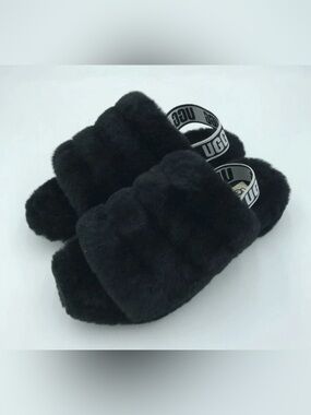 UGG Fluff Yeah Slide Black Soft Sheepskin Sandals Slippers 1095119-Womens 8
